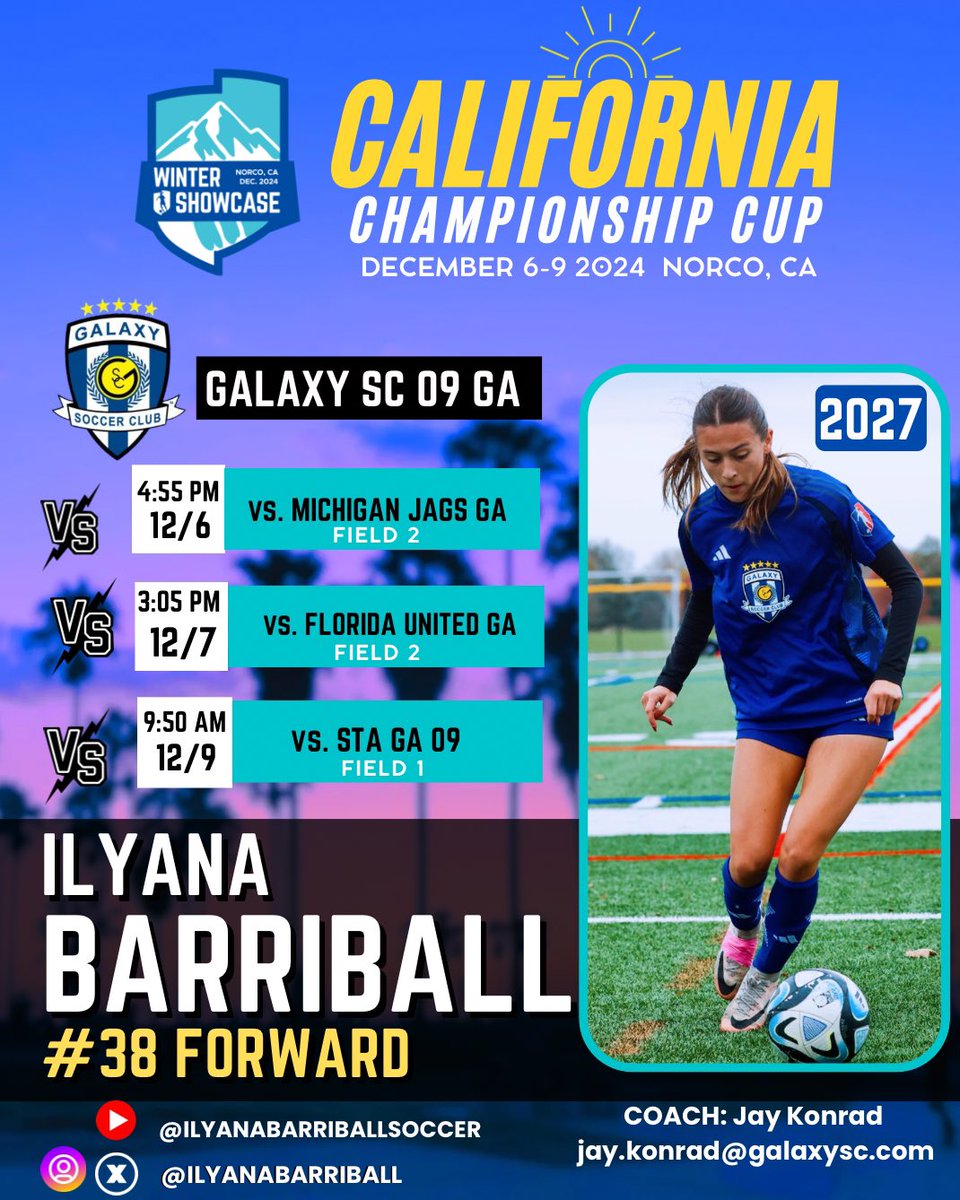Ilyana Barriball 2027 (@ilyanabarriball) on Twitter photo Less than a week away until Champions cup in Cali!☀️☀️✈️
Come check out <a href="/galaxy09GA/">Galaxy2009GA</a> ‼️⚽️💙
<a href="/GalaxySCIL/">Galaxy Soccer Club</a> <a href="/GAcademyLeague/">Girls Academy</a> <a href="/PrepSoccer/">Prep Soccer ⚽️</a> <a href="/TheSoccerWire/">SoccerWire</a> <a href="/TopDrawerSoccer/">TopDrawerSoccer</a> <a href="/ImYouthSoccer/">ECNL/GA/Recruiting/College Soccer</a> Less than a week away until Champions cup in Cali!☀️☀️✈️
Come check out <a href="/galaxy09GA/">Galaxy2009GA</a> ‼️⚽️💙
<a href="/GalaxySCIL/">Galaxy Soccer Club</a> <a href="/GAcademyLeague/">Girls Academy</a> <a href="/PrepSoccer/">Prep Soccer ⚽️</a> <a href="/TheSoccerWire/">SoccerWire</a> <a href="/TopDrawerSoccer/">TopDrawerSoccer</a> <a href="/ImYouthSoccer/">ECNL/GA/Recruiting/College Soccer</a>