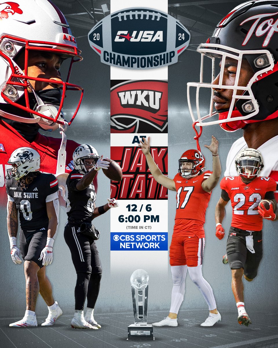 Conference USA (@conferenceusa) on Twitter photo π CHAMPIONSHIP MATCHUP SET π
<a href="/JaxStateFB/">Jax State Football</a> π <a href="/WKUFootball/">WKU Football</a>
π
- Friday, Dec. 6
π- 6 p.m. CT
ποΈ- AmFirst Stadium | Jacksonville, AL
#NoLimitsOnUs | bit.ly/4gc4bmL π CHAMPIONSHIP MATCHUP SET π
<a href="/JaxStateFB/">Jax State Football</a> π <a href="/WKUFootball/">WKU Football</a>
π
- Friday, Dec. 6
π- 6 p.m. CT
ποΈ- AmFirst Stadium | Jacksonville, AL
#NoLimitsOnUs | bit.ly/4gc4bmL