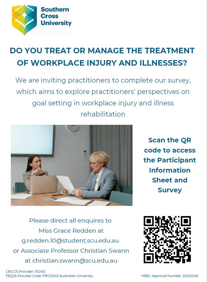 CALLING ALL PRACTITIONERS 📢

Share your thoughts on goal-setting in workplace injury and illness rehabilitation! 📝 Survey takes 10-15 mins, with an option for a follow-up interview.

Complete the form to enter a gift card lottery (5 X $50 available, separate from the survey):