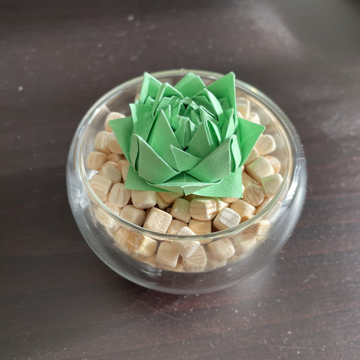 多肉植物のような何かをその辺にあったタント紙4枚くらいで折った。
伝承の蓮から適当に作ったにしては結構良い空気感！