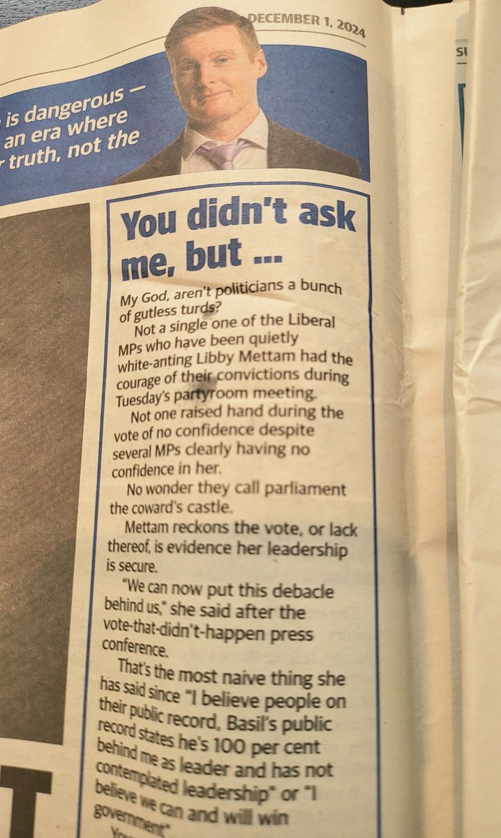 freocookster's tweet photo. A fresh take by Ben Harvey at the @westaustralian on the #BasilGate polling debacle hanging around @LiberalsWA like the scent of a backed-up drain. "... aren't politicians a bunch of gutless turds?"
๐ฉ ๐ฉ ๐ฉ #wapol #Auspol2024 https://t.co/xcKq8YKWsN