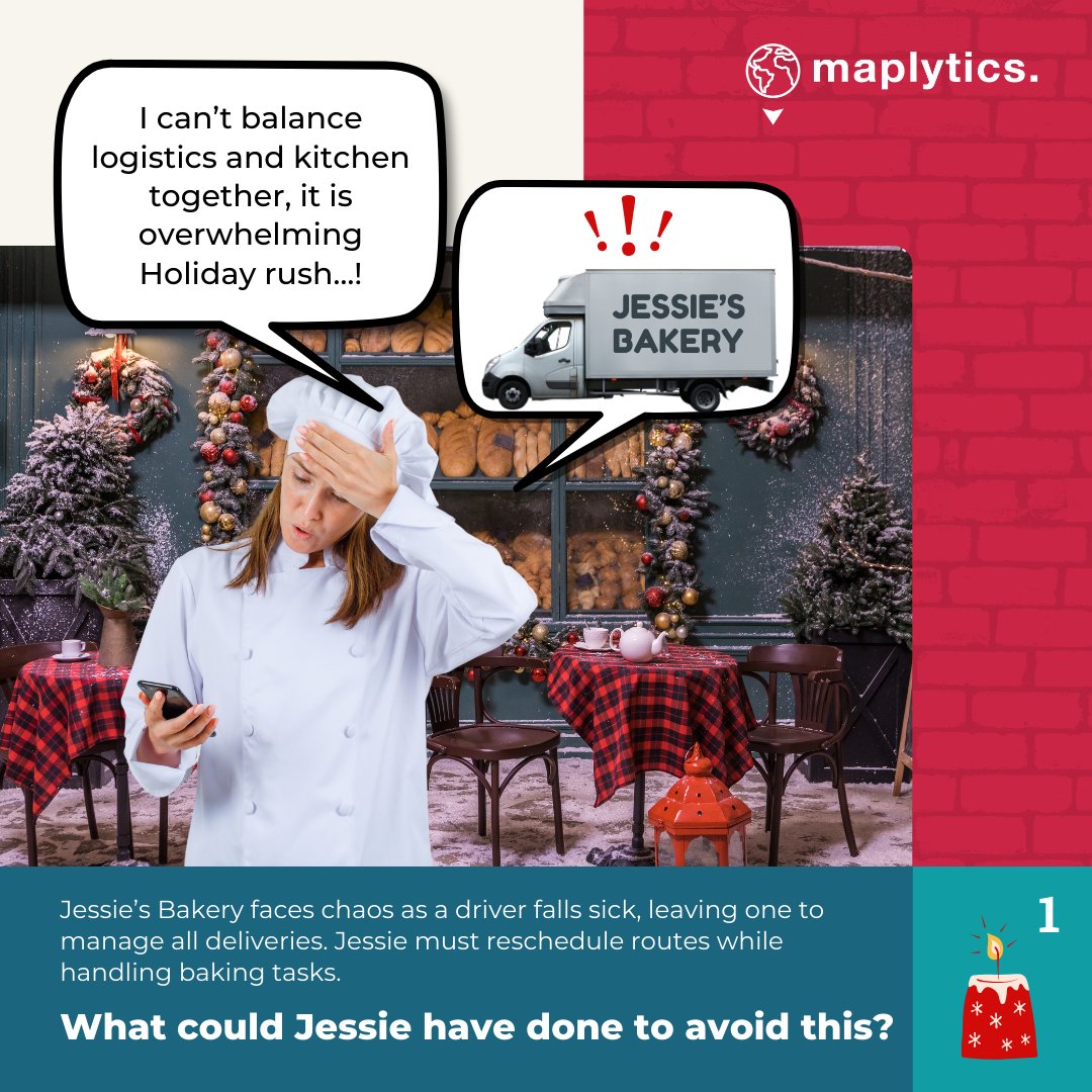 inogic's tweet image. 🎄✨Day 1 of #AdventWithInogic 🗓️
Jessie&apos;s Bakery is flooded with #Holiday orders! But one of her delivery persons called in sick. There are cakes to bake &amp;amp; deliveries to reassign.
Jessie looks flustered
Can a #magical hand of help arise?
#Maplytics says Hello! 👋
#autoscheduling
