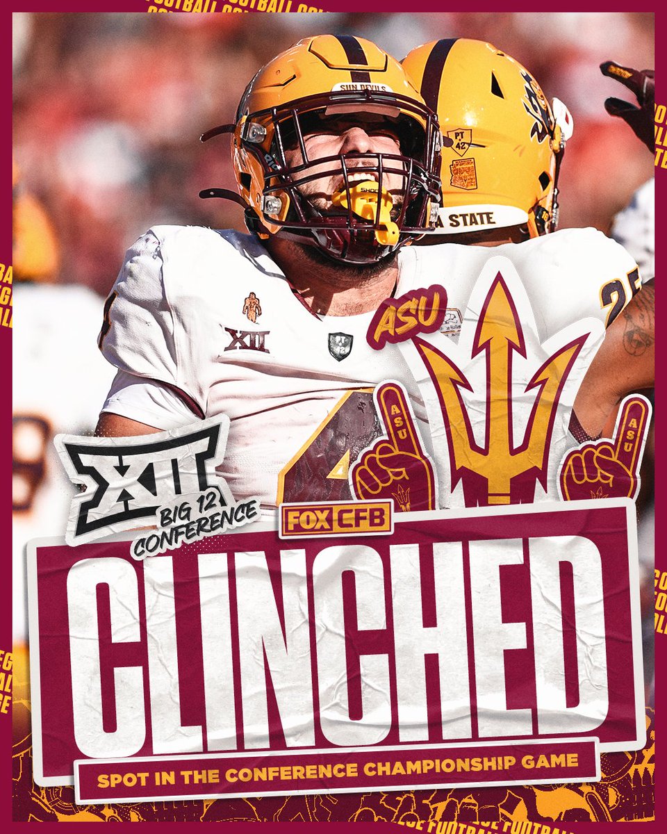 FOX College Football (@cfbonfox) on Twitter photo THE SUN DEVILS ARE HEADING TO THE BIG 12 CHAMP GAME 😈🔱
TCU's win over Cincinnati officially clinched <a href="/ASUFootball/">Sun Devil Football</a> a spot 🙌 THE SUN DEVILS ARE HEADING TO THE BIG 12 CHAMP GAME 😈🔱
TCU's win over Cincinnati officially clinched <a href="/ASUFootball/">Sun Devil Football</a> a spot 🙌