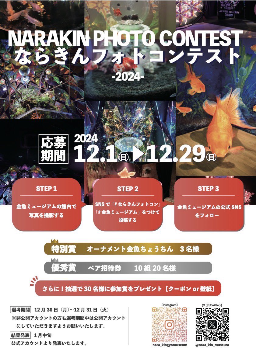 皆様ご無沙汰しております☀️
今年も残すところ1ヶ月となりました❄️

突然ですが‼️
本日 12月1日より、
フォトコンテストを開催いたします🎄

フォローと #ならきんフォトコン #金魚ミュージアム をつけて、館内写真を投稿するだけで、応募完了となります☑️

皆様のご参加をお待ちしております🐠