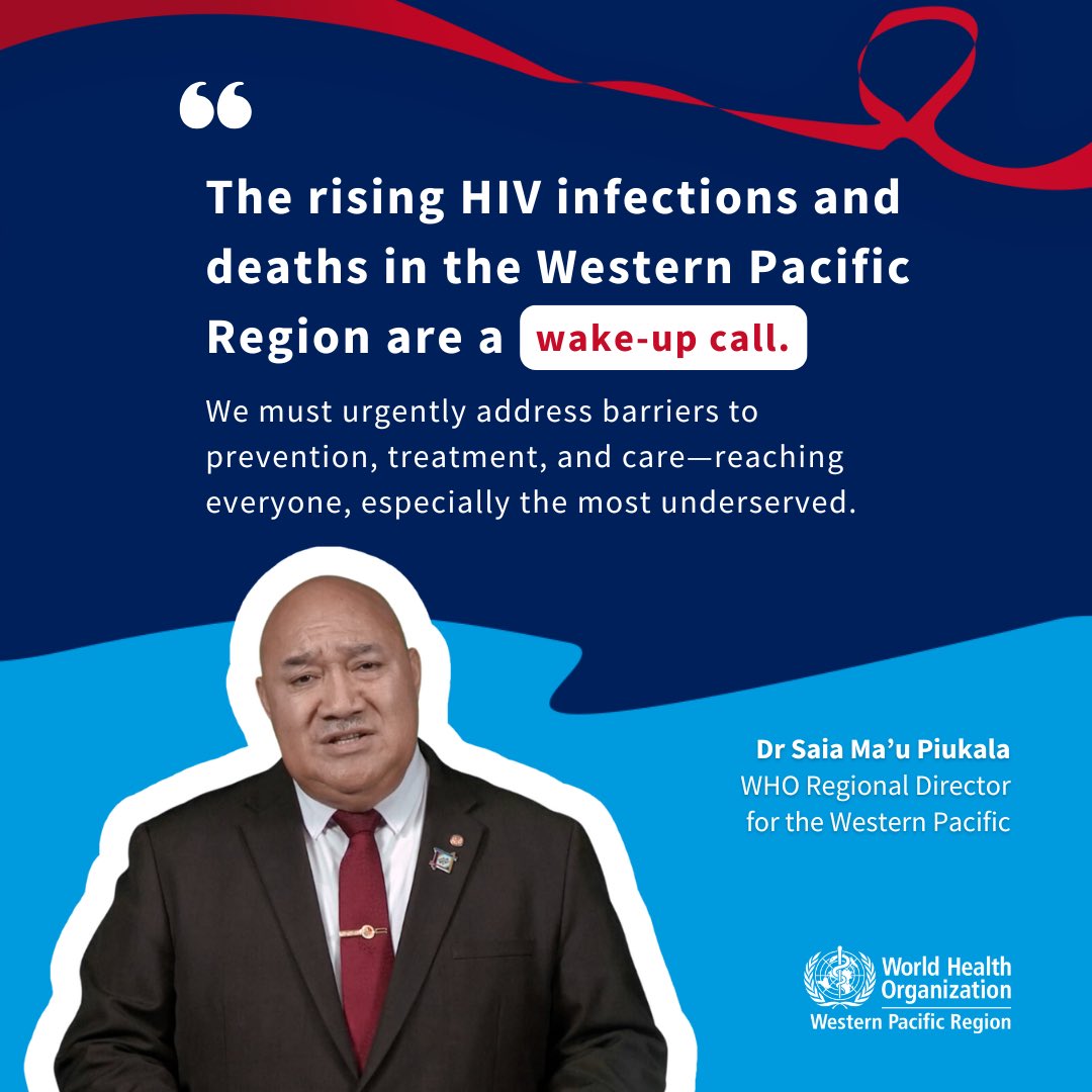 World Health Organization (WHO) Western Pacific (@whowpro) on Twitter photo The rising #HIV infections and deaths in the Western Pacific Region are a wake-up call, says Dr Saia Ma’u Piukala, <a href="/RD_WPRO/">Dr Saia Ma'u Piukala</a>, WHO Regional Director.
This #WorldAIDSDay, let's address barriers to prevention, treatment, and care, ensuring no one is left behind. The rising #HIV infections and deaths in the Western Pacific Region are a wake-up call, says Dr Saia Ma’u Piukala, <a href="/RD_WPRO/">Dr Saia Ma'u Piukala</a>, WHO Regional Director.
This #WorldAIDSDay, let's address barriers to prevention, treatment, and care, ensuring no one is left behind.