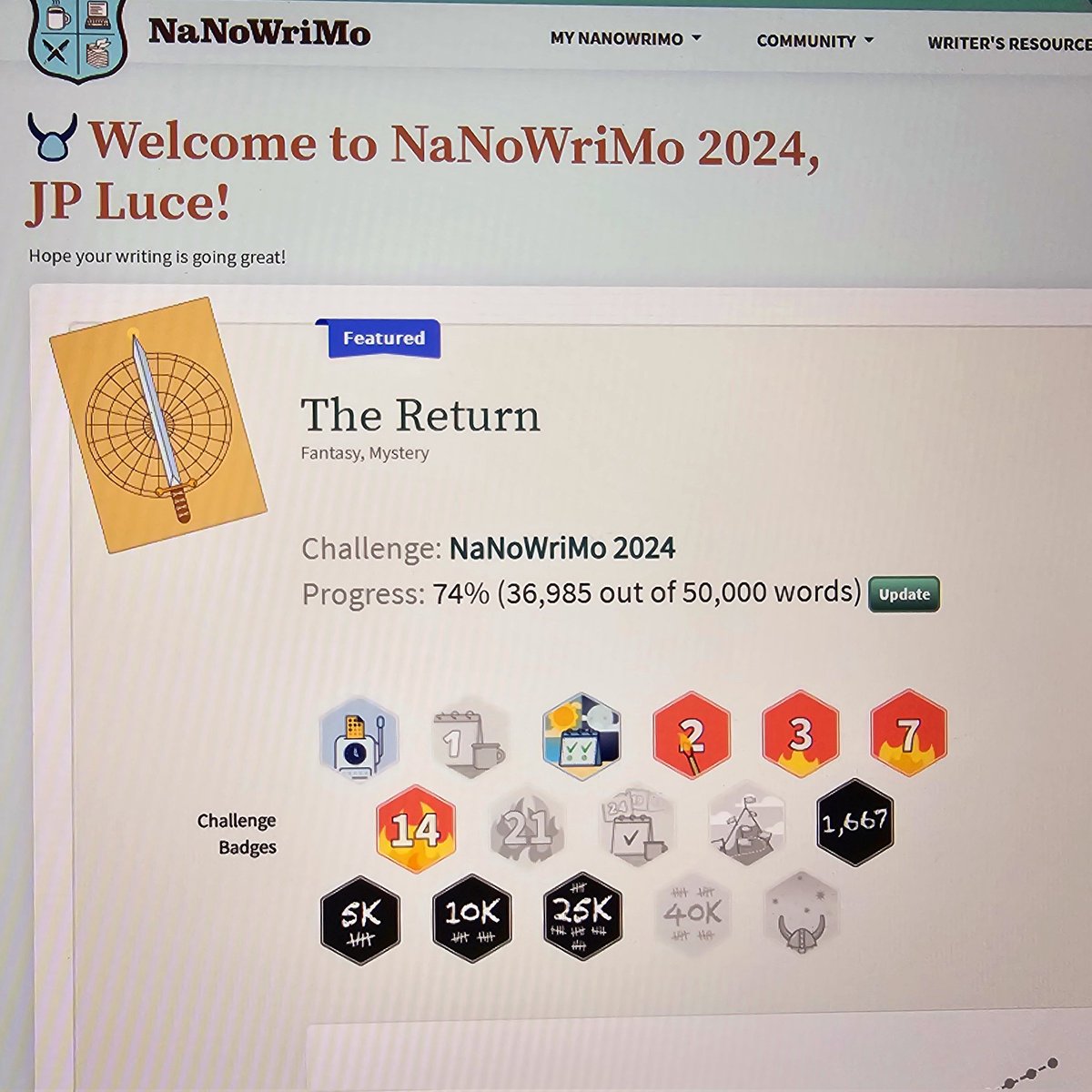 Pseudonymous_JP's tweet photo. Update: Well, I tried! Didn't finish but made great progress into Part II of The Absence, working title, The Return. Woo hoo! #nanowrimo #WriterCommunity #books https://t.co/JMFZo5q2Vb