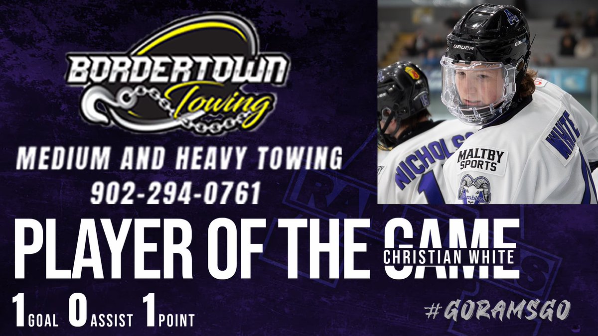 A physical presence all night long and scoring his first goal gets Christian White tonight’s Bordertown Towing Player Of The Game! #GoRamsGo
