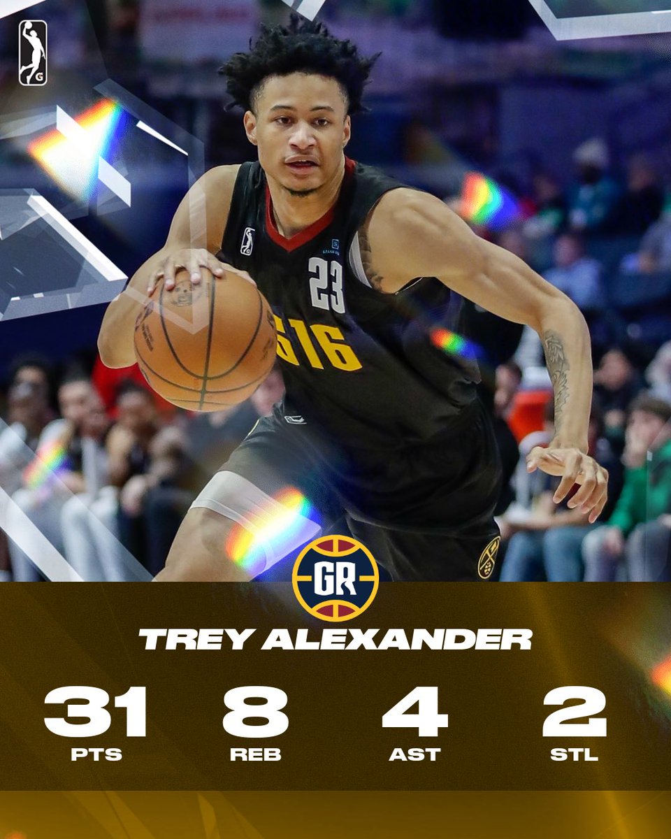 nbagleague's tweet photo. Trey Alexander was unstoppable in his @NBAGrandRapids debut! The @nuggets two-way signee scored a game-high 31 points on 50% shooting, leading the Gold to a win over the Charge. 👏🙌 https://t.co/PVnGuZyP0P