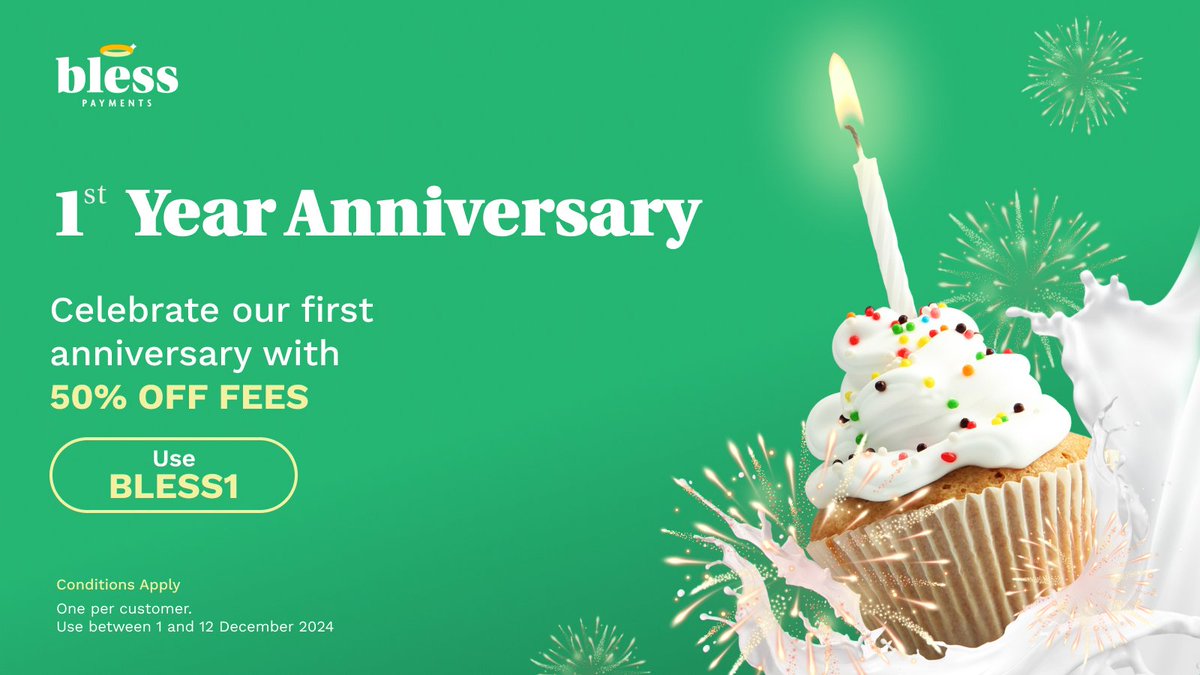 🎉We’re turning 1! 🧁

On 12 December 2024, Bless Payments celebrates one incredible year since our launch.

To thank you for your support, enjoy 50% OFF FEES.

Join us in celebrating our first anniversary! 🎉

#blesspayments #familyiseverything #migrants #oneyearanniversary