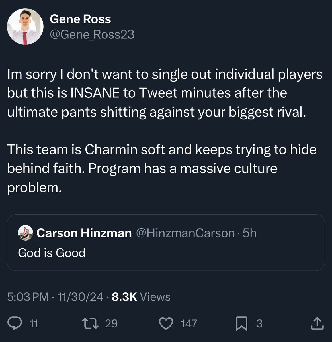 BuckNut2002's tweet image. Hey @Gene_Ross23 , noticed you deleted this tweet pretty quick after getting a ton of backlash. 

Just wanted to know you are still a piece of shit for trying to draw parallels between a team culture and an individuals faith.

Terrible take, by a terrible person.