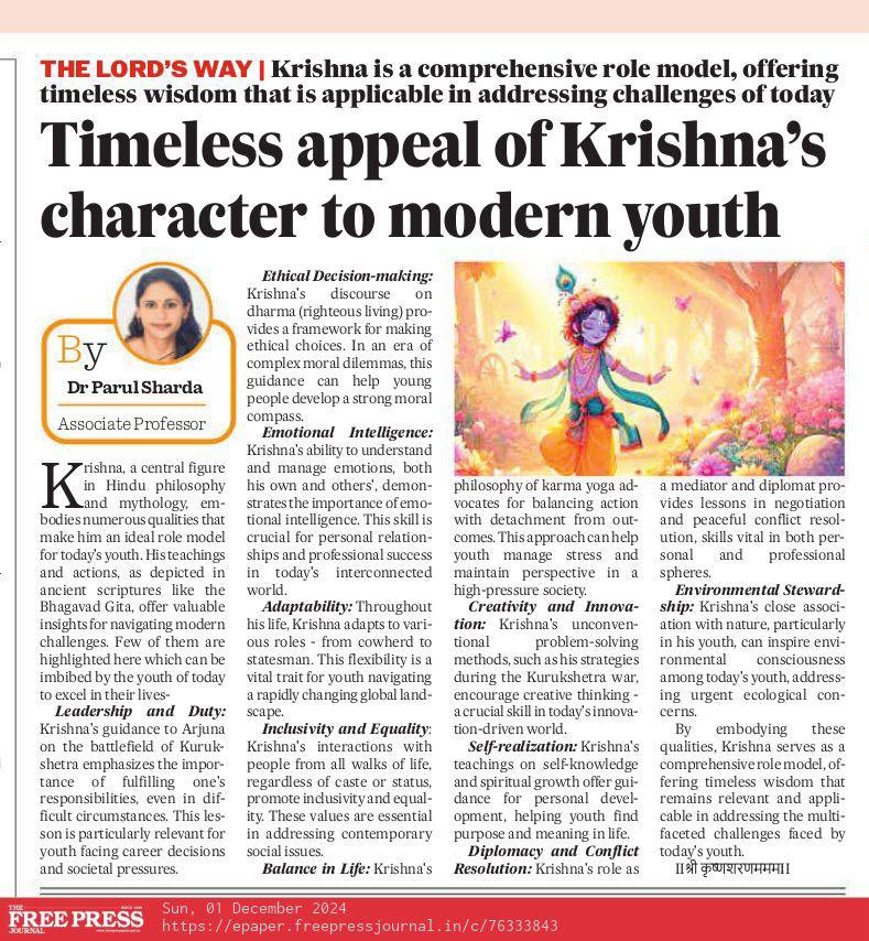2307_parul's tweet photo. Timeless Appeal of #Krishna’s Character to #Youth of this #Century. 

Sharing my views in Freepressjournal Fpj today✨

श्री ��ृष्ण शरणम ममः

@Medicaps_Indore 
#krishna_learnings
#wisdombykrishna
#lifelessons
#youthleadership
#parulsharda https://t.co/pORKT61qkV
