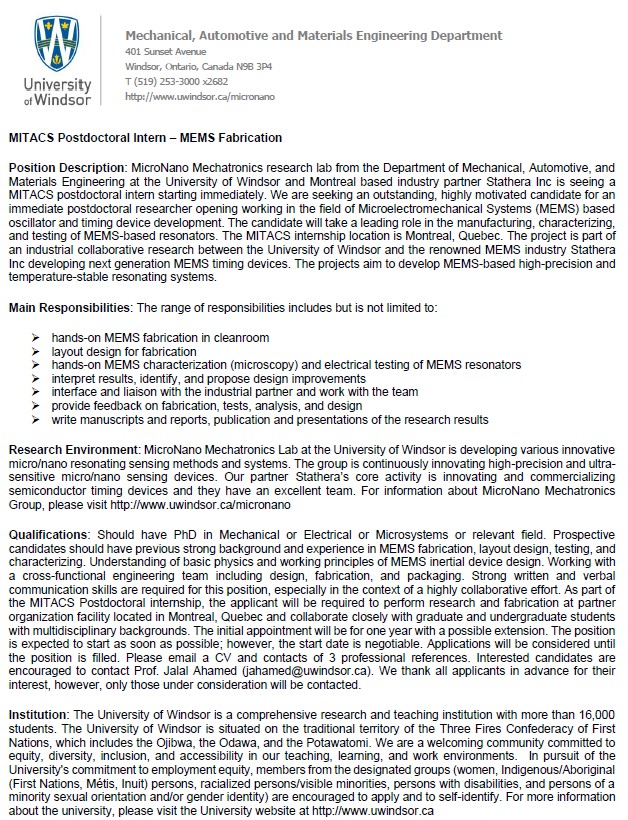 Immediate MITACS postdoc internship available in MEMS fabrication in my group