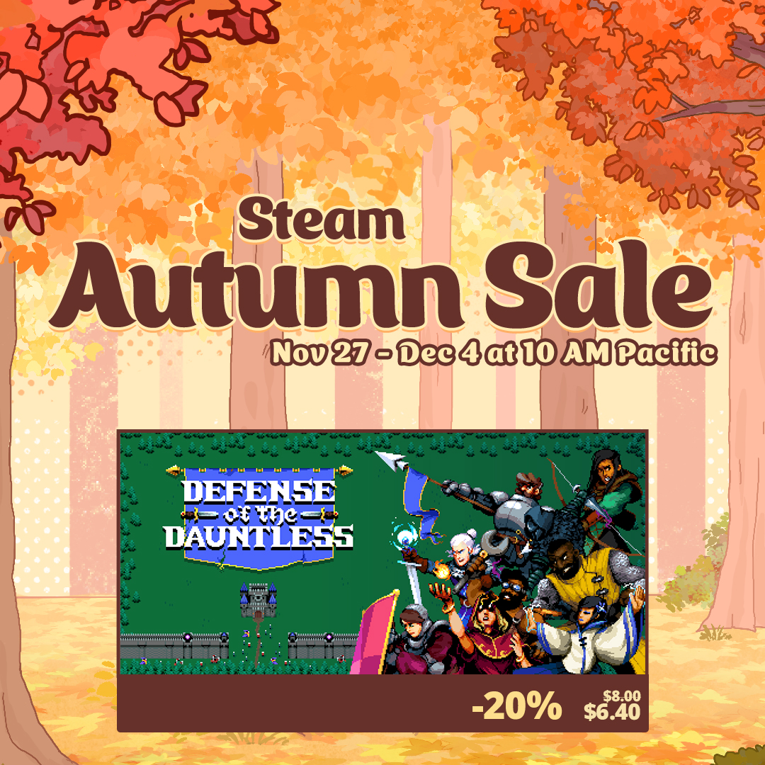 Small reminder that you can still get Defense of the Dauntless 20% off this weekend :) This was my first commercial release and I'm really proud of it!

store.steampowered.com/app/2923180/De…