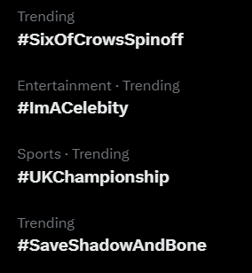 RupturedHaven's tweet photo. @netflix Over a year later and still trending... #SaveShadowAndBone #SixOfCrowsSpinoff https://t.co/9QUSl6P8cd