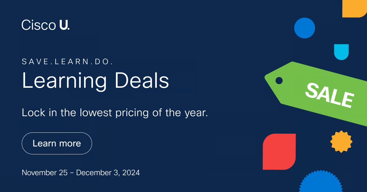 danhosking's tweet photo. Kick off your holiday shopping early with Cisco U. Learning Deals! For nine days, unlock exclusive discounts on certification prep, practice, labs, and so much more! https://t.co/OGBYmQraix