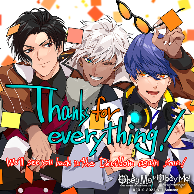 ＼Thank You Picture #1／
Here's to even more memories together! 💜

Lucifer: Don't ever forget that you're an important part of our family.
Mammon: I'll always make sure ya have the best time with me!
Leviathan: I'll n-never stop thinking about you, forever and always.