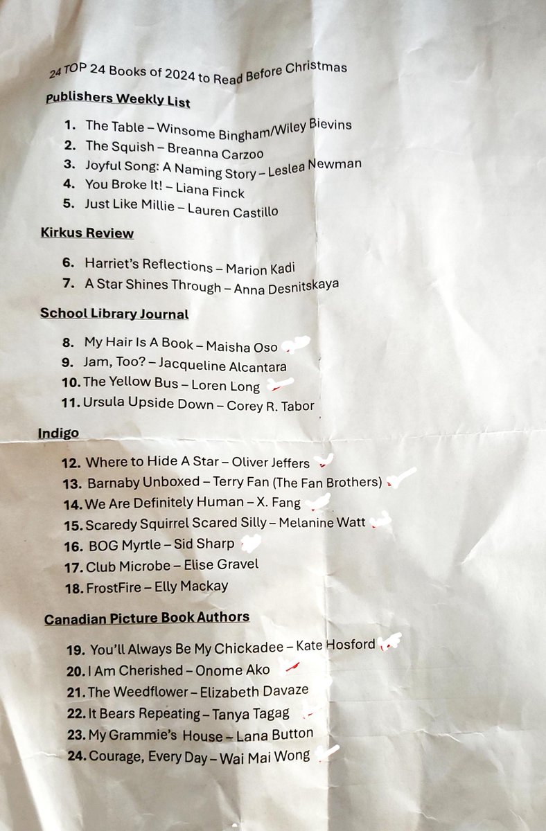debrownst's tweet photo. So many #books are listed in the top 50 books of 2024! However, #PublisherWeekly, #KirkusReview, #SLJ, #Indigo & #CBC have their thoughts on what #book should be in the top 50. I'll be #reading my top 24 of 2024, 24 days before #Christmas. Here's my list! #Kidlit #readingbooks https://t.co/PmO1NDz6Uj