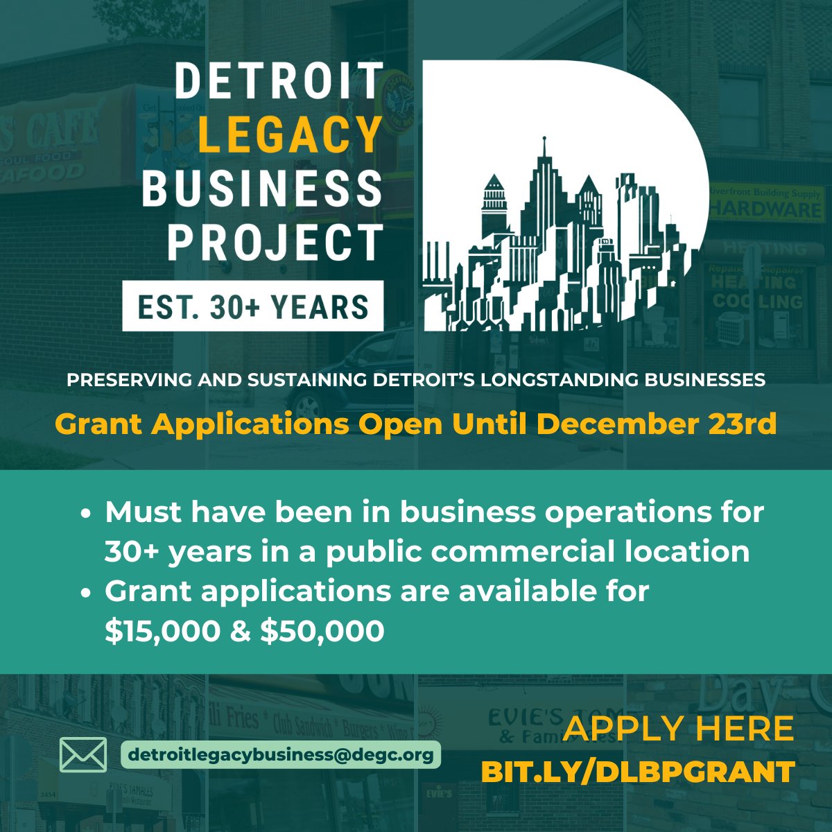 CityofDetroit's tweet photo. Attention Detroit legacy business owners! If your business has been serving the community for 30+ years, don’t miss the chance to apply for grants of $15,000 or $50,000.

💻 Virtual Info Sessions:
December 2 | 6:00 - 7:00 PM
December 9 | 8:00 - 8:45 AM

📍 In-Person Info Sessions:
December 11 | 6:00 - 7:00 PM (Butzel Family Recreation Center, 7737 Kercheval Ave)

December 12 | 6:00 - 7:00 PM (Roberto Clemente Recreation Center, 2631 Bagley Street)
Applications close December 23. Learn more and apply: https://t.co/M7EJyk3gSe