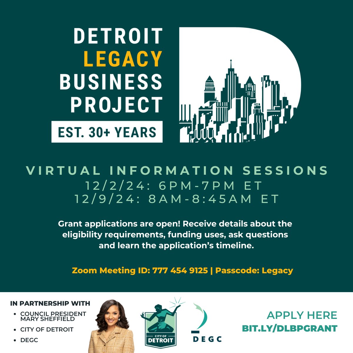 CityofDetroit's tweet photo. Attention Detroit legacy business owners! If your business has been serving the community for 30+ years, don’t miss the chance to apply for grants of $15,000 or $50,000.

💻 Virtual Info Sessions:
December 2 | 6:00 - 7:00 PM
December 9 | 8:00 - 8:45 AM

📍 In-Person Info Sessions:
December 11 | 6:00 - 7:00 PM (Butzel Family Recreation Center, 7737 Kercheval Ave)

December 12 | 6:00 - 7:00 PM (Roberto Clemente Recreation Center, 2631 Bagley Street)
Applications close December 23. Learn more and apply: https://t.co/M7EJyk3gSe