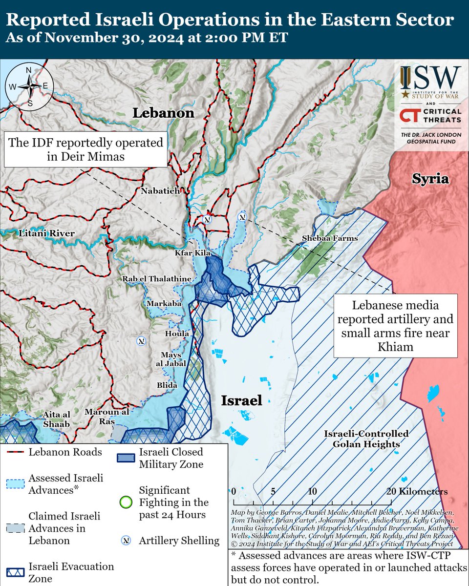 TheStudyofWar's tweet photo. The Israel-Lebanese Hezbollah ceasefire continued to hold for the fifth day since it went into effect on November 26. Hezbollah has conducted no attacks into Israel, and the IDF and Hezbollah have engaged in no ground combat. https://t.co/BBtQrAabVo