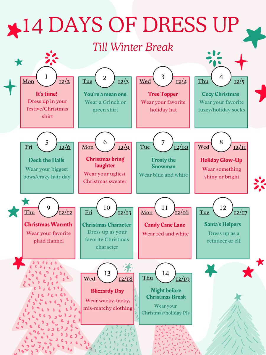🎅🏼: Are you ready to deck the halls with some ✨holiday cheer✨ as we count down the days to Christmas break? Here are the dress-up day themes for the next few weeks!! 🎄🎉

We hope to see you in your most festive/Christmas shirt on Monday! ❤️✨💚
