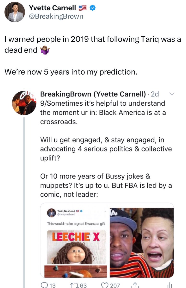 BreakingBrown's tweet photo. @MisinfoRanger @TexwellTheWiz @chrisnick1711 @ReggieFromBOS @tariqnasheed The bad news: I predicted in 2019 that he wouldn’t stop until his gravy train runs dry.
The good news: He’s 100% irrelevant in serious political spaces. He’s a non factor. And we have work to do.
Don’t look *AT* Tariq. Look *PAST* him. https://t.co/aBgRj6LgAW