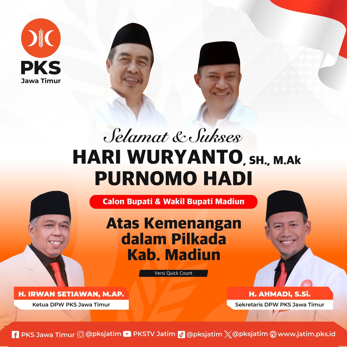 PKSJATIM's tweet image. Selamat &amp;amp; Sukses 

HARI WURYANTO, SH. M.Ak
PURNOMO HADI
Calon Bupati &amp;amp; Wakil Bupati Madiun

Atas Kemenangan dalam Pilkada Kab. Madiun

#pemenangpilkadamadiun #pksmadiun #pksjawatimur #partaikeadilansejahtera #pks