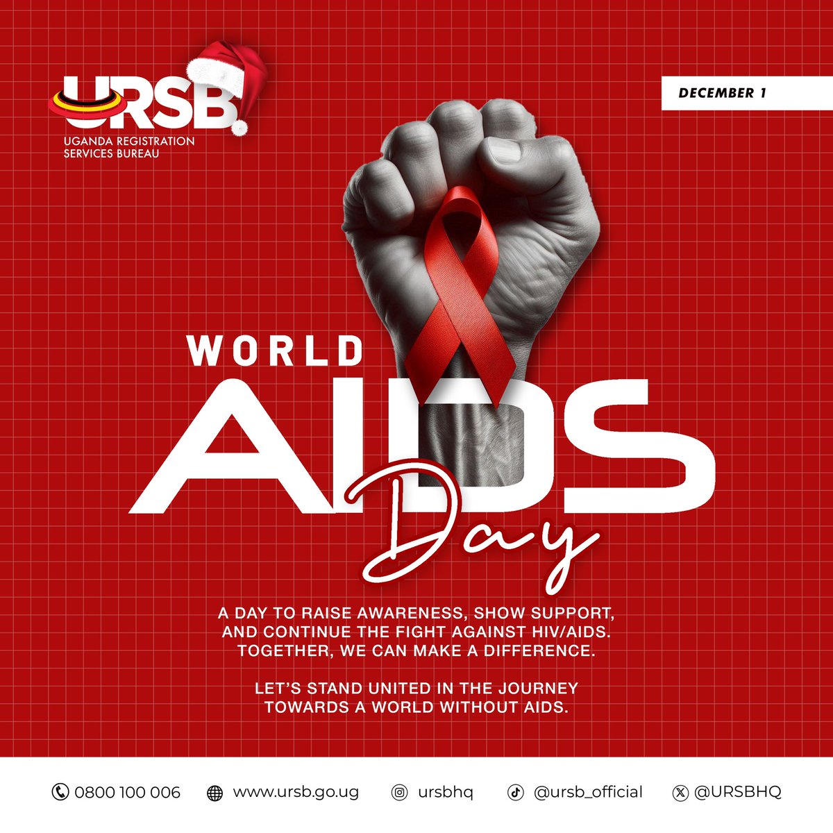 Today, we remember those who have been affected by HIV/AIDS and renew our commitment to raising awareness, fighting stigma, and promoting prevention.

Join the movement for a world without AIDS. Together, we can make a change. 

#WorldAIDSDay2024 #WearTheRedRibbon 
#EndAIDS2030Ug