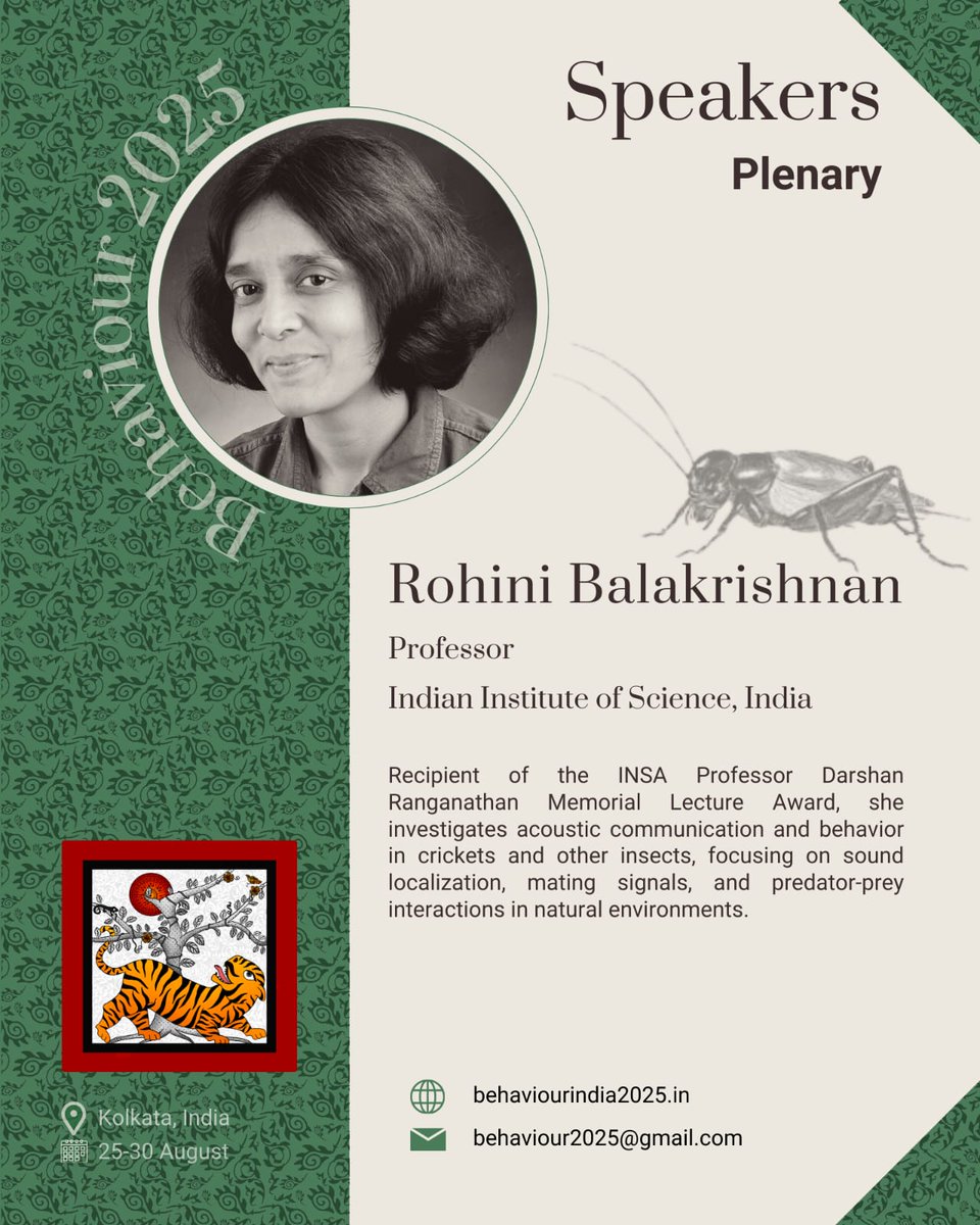Behaviour2025's tweet image. Introducing our #behaviour2025 plenary speaker: Prof. Rohini Balakrishnan. She works on acoustic communication &amp;amp; behaviour in crickets.

ces.iisc.ac.in/?q=user%2F23&amp;amp;f…

#AnimalBehavior   
#ScienceConference    
#ECRChat     #CollaborationInScience  #GlobalScience