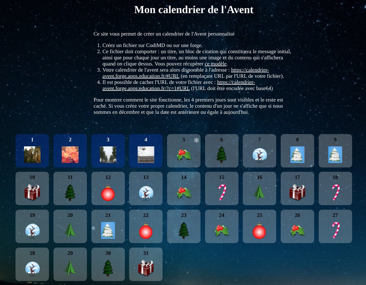 Le Libre Éducatif (@lelibreedu) on Twitter photo Bon mois de décembre !
Le saviez-vous ?
Sur #LaForgeEdu il est possible de créer rapidement et facilement un calendrier de l'Avent en ligne à destination de vos pairs ou vos élèves
Merci <a href="/Cedric_Eyssette/">Cédric Eyssette</a> pour cette énième application libre
…endrier-avent.forge.apps.education.fr Bon mois de décembre !
Le saviez-vous ?
Sur #LaForgeEdu il est possible de créer rapidement et facilement un calendrier de l'Avent en ligne à destination de vos pairs ou vos élèves
Merci <a href="/Cedric_Eyssette/">Cédric Eyssette</a> pour cette énième application libre
…endrier-avent.forge.apps.education.fr