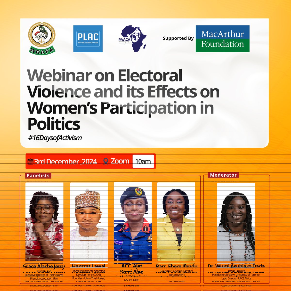WRAPA Nigeria (@wrapang) on Twitter photo Meet Our Panelists!
Join us for an impactful discussion on "Electoral Violence and Its Effects on Women’s Participation in Politics", featuring an incredible lineup of experts and advocates:
🎙️ Panelists
1. Grace Alache Jerry (<a href="/gracejjerry/">Grace Jerry</a>): Founder and Executive Director, The Meet Our Panelists!
Join us for an impactful discussion on "Electoral Violence and Its Effects on Women’s Participation in Politics", featuring an incredible lineup of experts and advocates:
🎙️ Panelists
1. Grace Alache Jerry (<a href="/gracejjerry/">Grace Jerry</a>): Founder and Executive Director, The