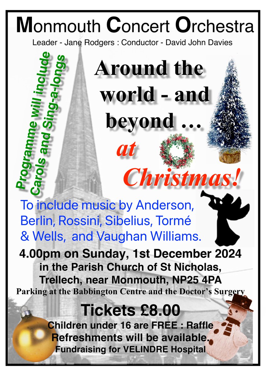 MonmouthOrch's tweet photo. It's concert day. Join us at 4pm in Trellech church for wonderful music from around the world and beyond. We will have some of your Christmas favourites too. Tickets cost £8 (children free) and they will be available on the door. https://t.co/wBB5dVdywV