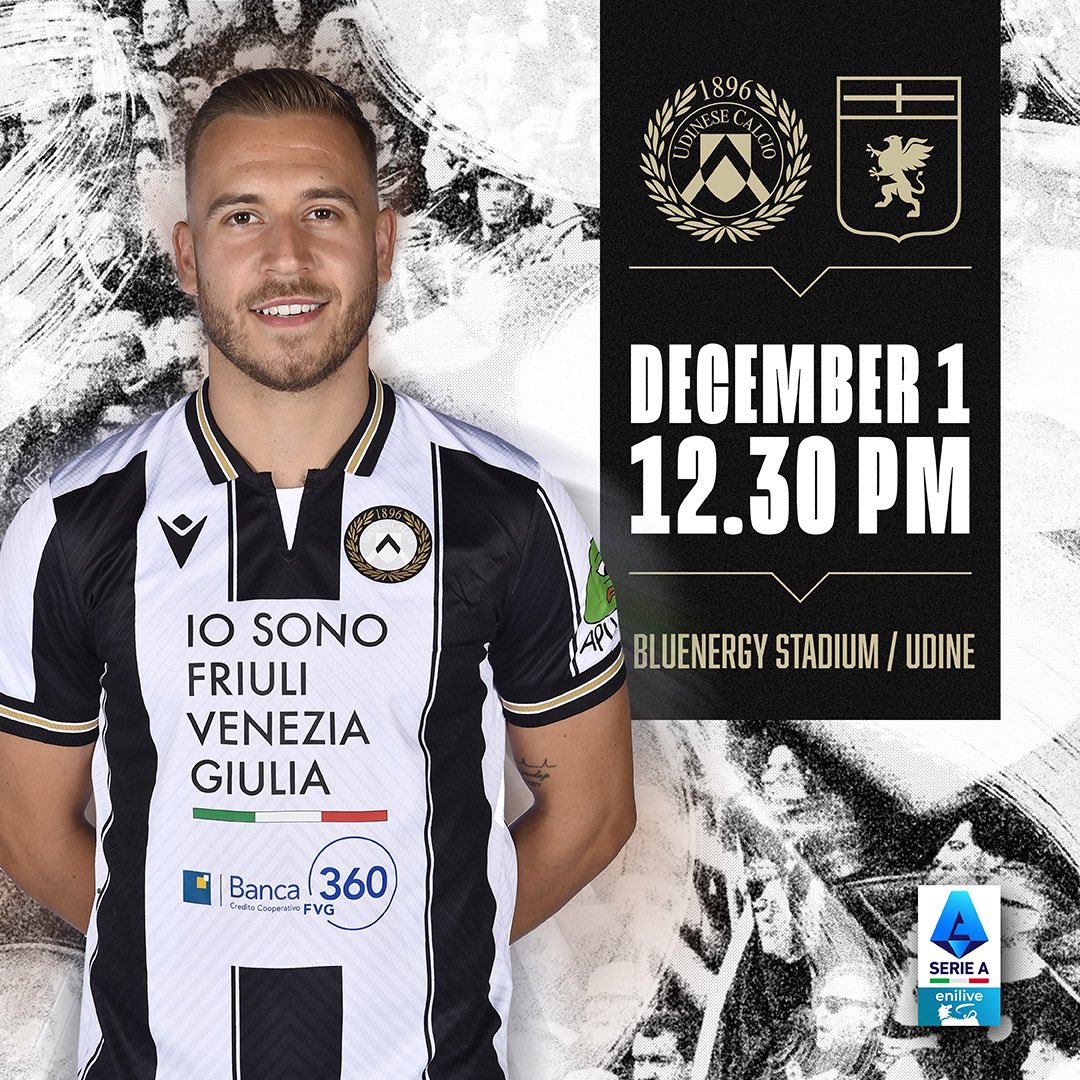 MATCHDAY 🙌

🗓️ domenica 1 dicembre 2024
⏰ 12:30 CEST
🏟️ Bluenergy Stadium 
🏆#SerieAEniLive 
📲 #UdineseGenoa  

Come on, lads! 💪

⚪️⚫️ #ForzaUdinese #AlèUdin #Udinese