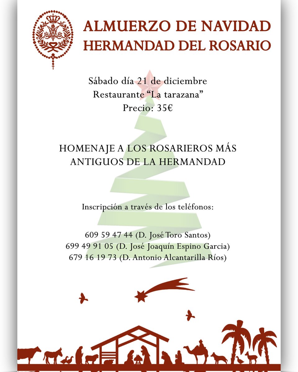 𝗔𝗟𝗠𝗨𝗘𝗥𝗭𝗢 𝗗𝗘 𝗡𝗔𝗩𝗜𝗗𝗔𝗗 𝟮𝟬𝟮𝟰

🗓 Sábado día 21 de diciembre 

🕝 14:30 horas

📍 Restaurante "La Tarazana"

𝗣𝗥𝗘𝗖𝗜𝗢: 35€

📱 Inscripción a los teléfonos:

José Toro: 609 59 47 44
José Joaquín Espino: 699 49 91 05
Antonio Alcantarilla: 679 16 19 73