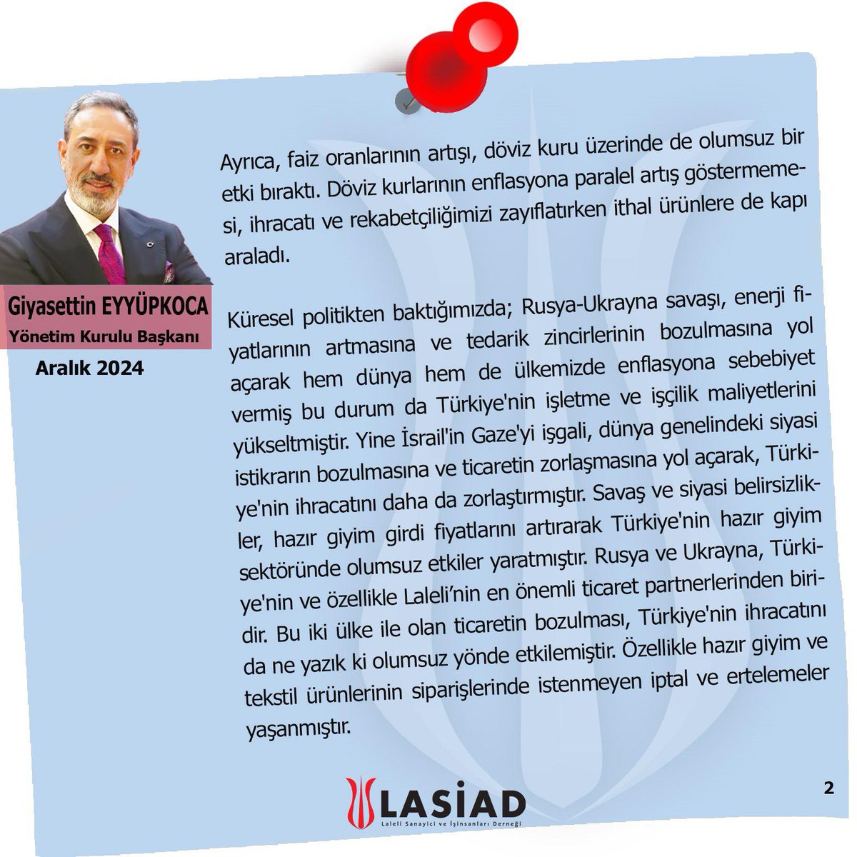 Lasiadorg's tweet photo. Başkanımız Sn. Giyasettin Eyyüpkoca’nın Aralık ayı Başkan yazısı ve piyasa değerlendirmesi.
#lasiad #laleli #lasiadlaleli #GiyasettinEyyüpkoca #başkanyazısı #başkandan #aralık #aralık2024 https://t.co/3PN7oIuDg1