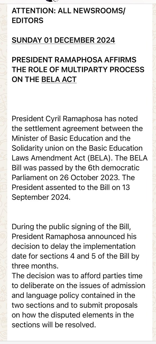 Lesufi's tweet image. Thank you Mr. President, BELA Act is an act of Parliament and no bilateral agreement can override it nor undermine the public participation processes. No minority can rule over the majority forever. Our children will never be discriminated on the basis of race, language or creed.