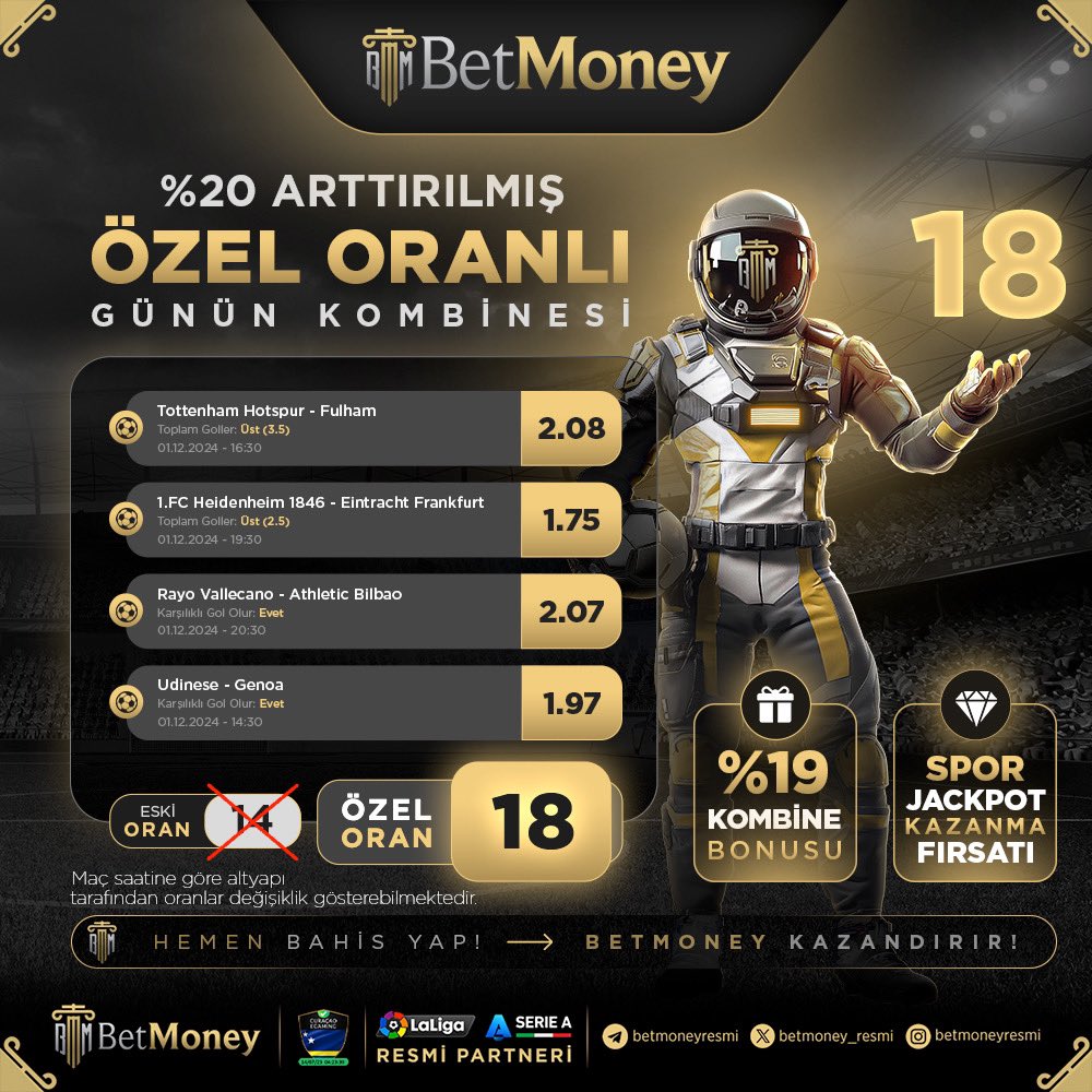 📣 BetMoney Kombine Bonusuyla %19'a Varan Oranlarla Extra Kazan!

💰 Artırılmış Oranlar ve Kombine Bonusu ile Daha Fazla Kazan!

🚀 Dünyanın ve Türkiye'nin Lisanslı En Güvenilir Bahis ve Casino Sitesi!

#BetMoney #KazananlarınYanında