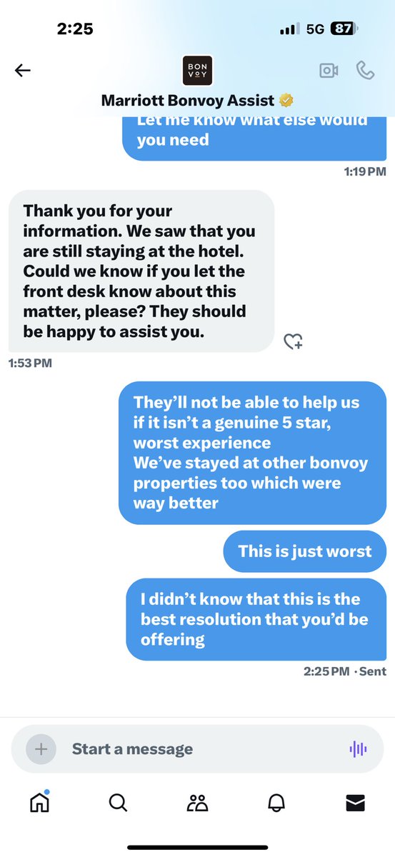 Abrology's tweet photo. @MarriottBonvoy Disappointed with my recent stay at a Marriott property. Had issues with the standards not meeting expectations for a 5-star experience, but unfortunately, they weren’t able to help resolve, look at their response. #Marriott #CustomerService #ExpectBetter https://t.co/zUt4zom94P