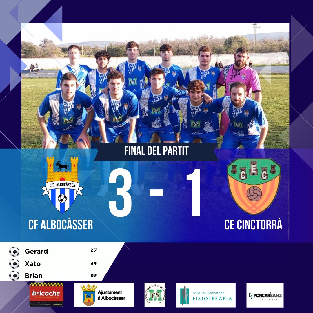 cfalbocasser_'s tweet photo. Final del partit:

CF Albocàsser 3-1 CE Cinctorrà

⚽️ Gerard
⚽️ Xato
⚽️ Brian

#123Albocàsser💙🤍 https://t.co/uXWEUVVOrs