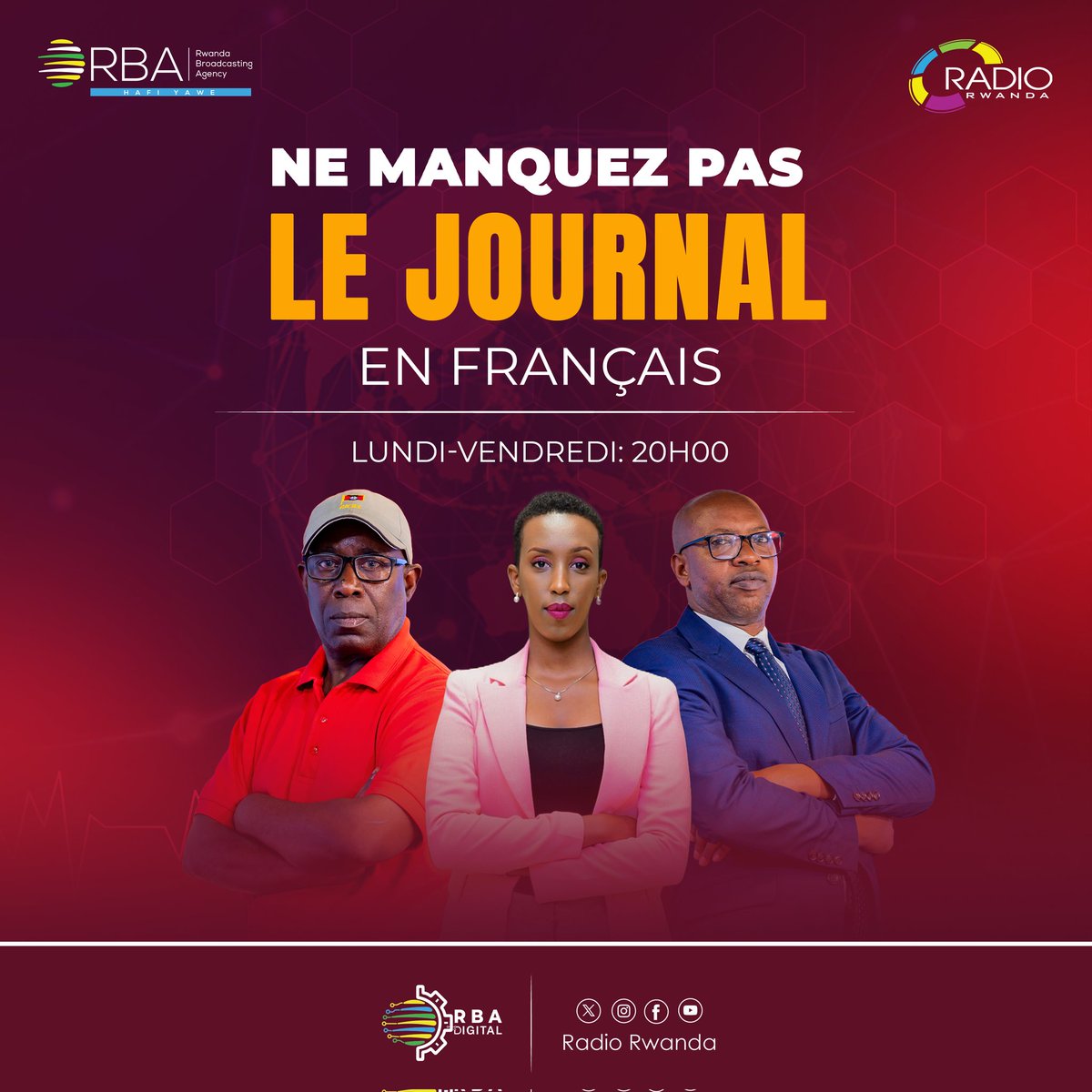 🚨LE JOURNAL🚨

Soyez au rendez-vous de l' actualité en français sur <a href="/Radiorwanda_RBA/">RADIO RWANDA</a>, du lundi au vendredi à 20h00.

#RBAHafiYawe #RBAInfo