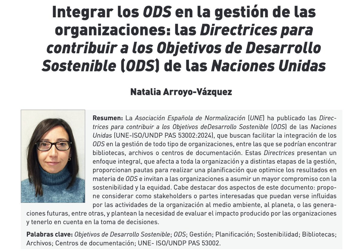 Natalia Arroyo (@narroyo) on Twitter photo Cómo integrar los ODS en la gestión de las organizaciones (y también de las bibliotecas): las Directrices para contribuir a los ODS de Naciones Unidas 🌍
👉 Mi contribución al Anuario <a href="/thinkepi/">thinkepi</a>  2024
doi.org/10.3145/thinke… Cómo integrar los ODS en la gestión de las organizaciones (y también de las bibliotecas): las Directrices para contribuir a los ODS de Naciones Unidas 🌍
👉 Mi contribución al Anuario <a href="/thinkepi/">thinkepi</a>  2024
doi.org/10.3145/thinke…