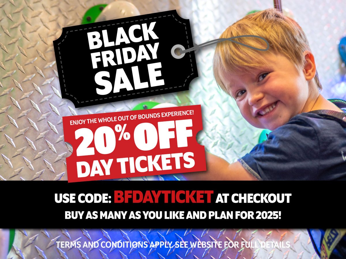 BLACK FRIDAY SALE - 20% OFF DAY TICKETES
Buy a Day Ticket online using code: BFDAYTICKET during our Black Friday Sale weekend and get 20% off!

Buy now at: bookings.out-of-bounds.co.uk/WebBasket/Cart…

#blackfriday #sale #blackfriday2025 #blackfridaysale #blackfridaydeals