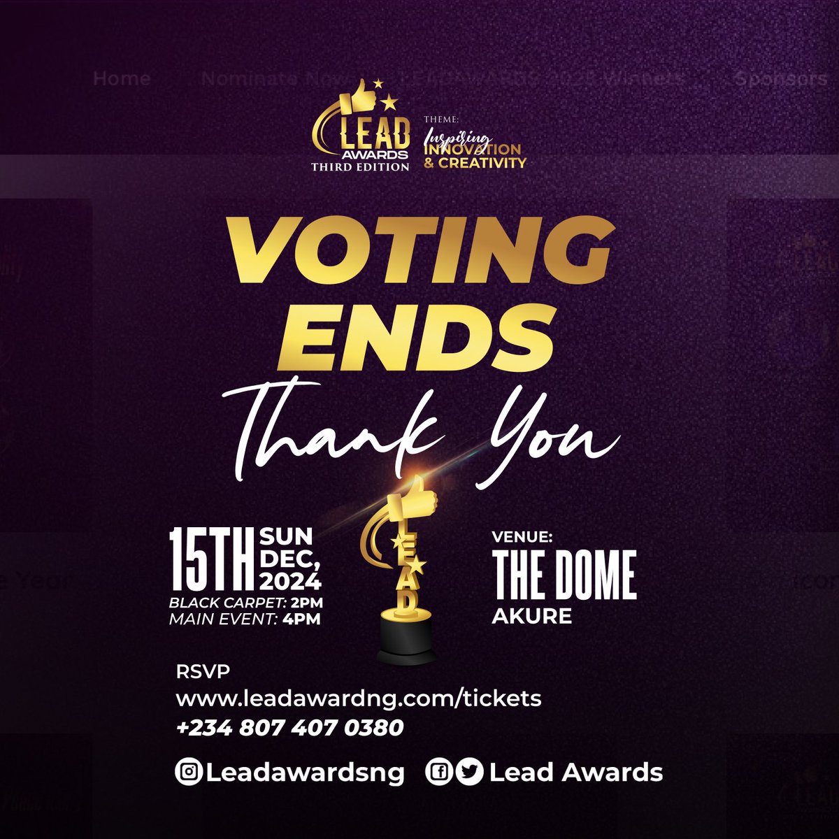 Leadawardng's tweet photo. VOTING ENDS!!!

Votings for The Leadership Excellence And Dignity Awards 2024 is officially closed. We wish all the nominees Good Luck!

Winners to be announced on Event Day, 15th December 2024 at The Dome, Akure.

#VotingEnds #LEADAwards2024 #OndoAwards #AkureEvent https://t.co/xLcCrAt3t6