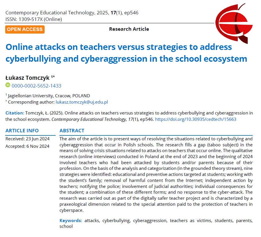 New article in the series cyber security at school

#Online #attacks on #teachers versus #strategies to address #cyberbullying and #cyberaggression in the #school ecosystem

Free access here: cedtech.net/article/online…
