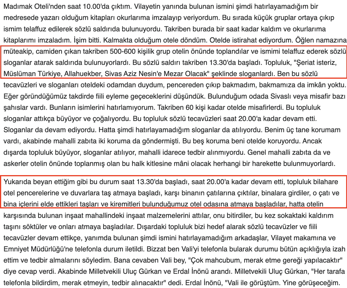 Ahmetfree2's tweet photo. (1) Bazı alevilerin 30+ yıldır ekmeğini yedikleri Sivas Katliamı saat 13:30 da birkaçyüz kişinin toplanmasıyla başlıyor
Saat 20:00'ye kadar gösteriye müdahale edilmiyor ve Madımak oteli yakılıyor. Soru: devlet neden 7 saat birkaçyüz silahsız protestocuyu dağıtamadı? 

https://t.co/V1ELDOVVRJ