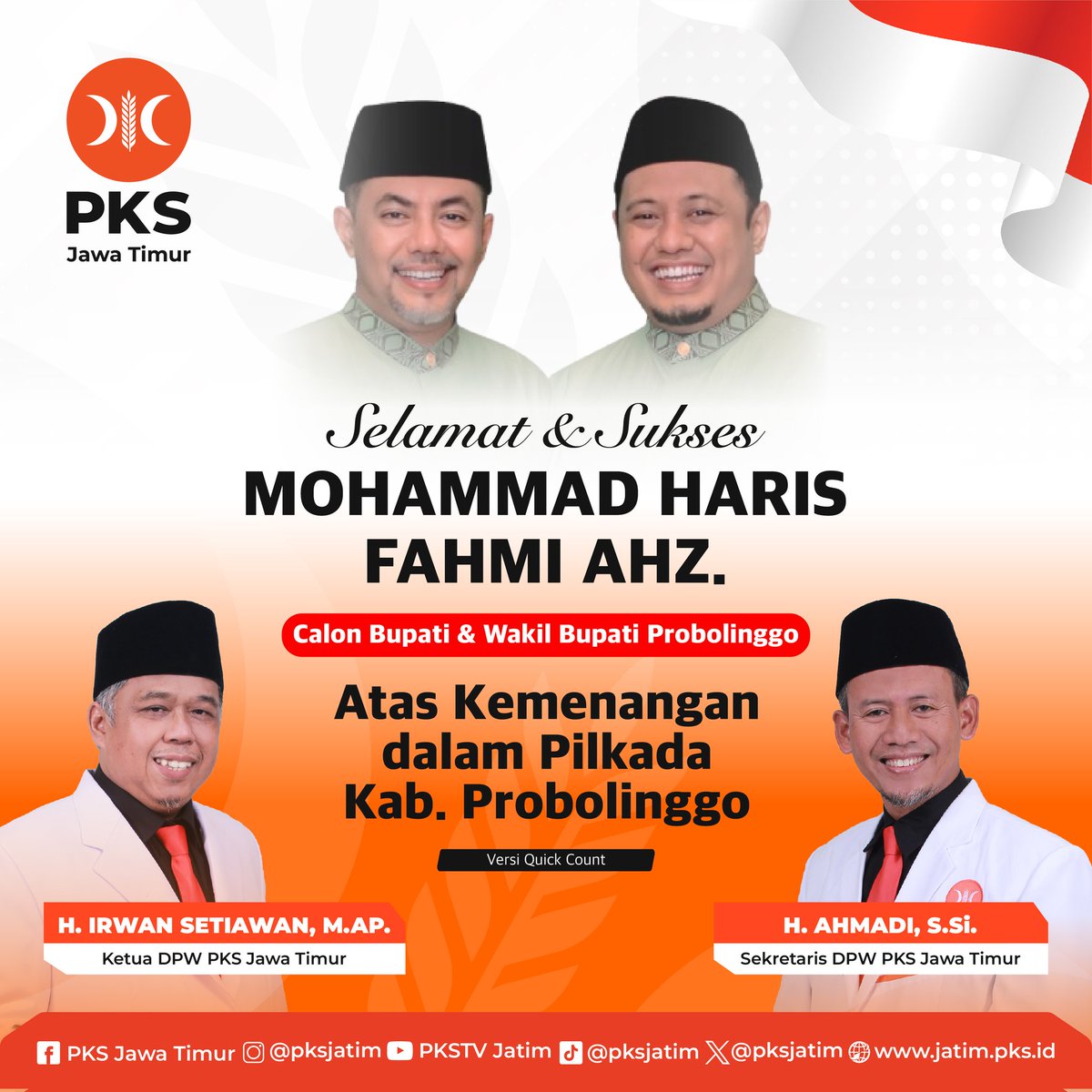PKSJATIM's tweet image. Selamat &amp;amp; Sukses 

MOHAMMAD HARIS
FAHMI AHZ.
Calon Bupati &amp;amp; Wakil Bupati Probolinggo

Atas Kemenangan dalam Pilkada Kab. Probolinggo

#pemenangpilkadaprobolinggo #pksprobolinggo #pksjawatimur #partaikeadilansejahtera #pks