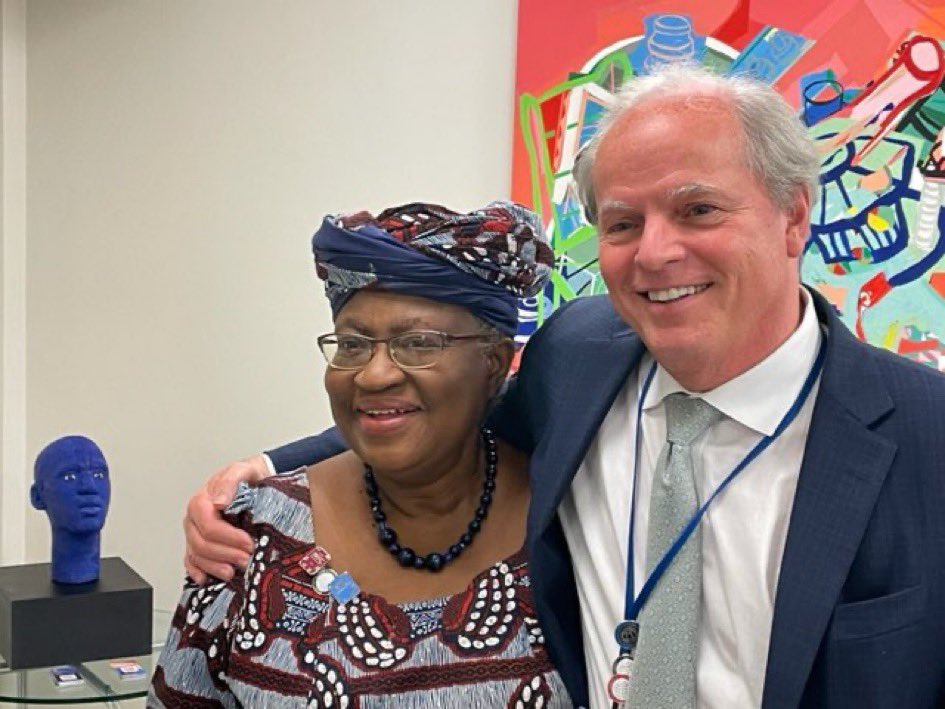 Axel_vanT's tweet photo. Congratulations to my friend @NOIweala for her reappointment as Director General of the @wto for a 2nd term. The WTO has in you a tireless advocate for multilateralism, fair #trade, and the cause of developing countries, especially in #Africa, for a better deal. https://t.co/yligsBgSPI
