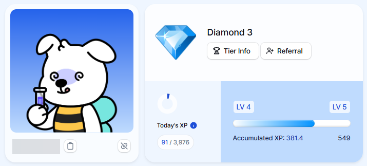 📌 วิธีการไต่ Diamond ตอนนี้ทำไม่ยากนะครับ

🔸 Faucet ทุกวัน
🔸 ฝาก EOL
🔸 เล่น Testnet ใน dapp พาร์ทเนอร์
🔸 Craft item เพื่อ Boost XP
-- ทำเควส Galxe เพื่อรับ OAT จะไปเพิ่มจำนวน Cell
-- หลังจากได้ไอเทมแล้วให้ลากไอเทมไปใส่ PFP เราเพื่อรับ Boost
-- หากไอเทมมีเยอะ อัพเกรดได้
