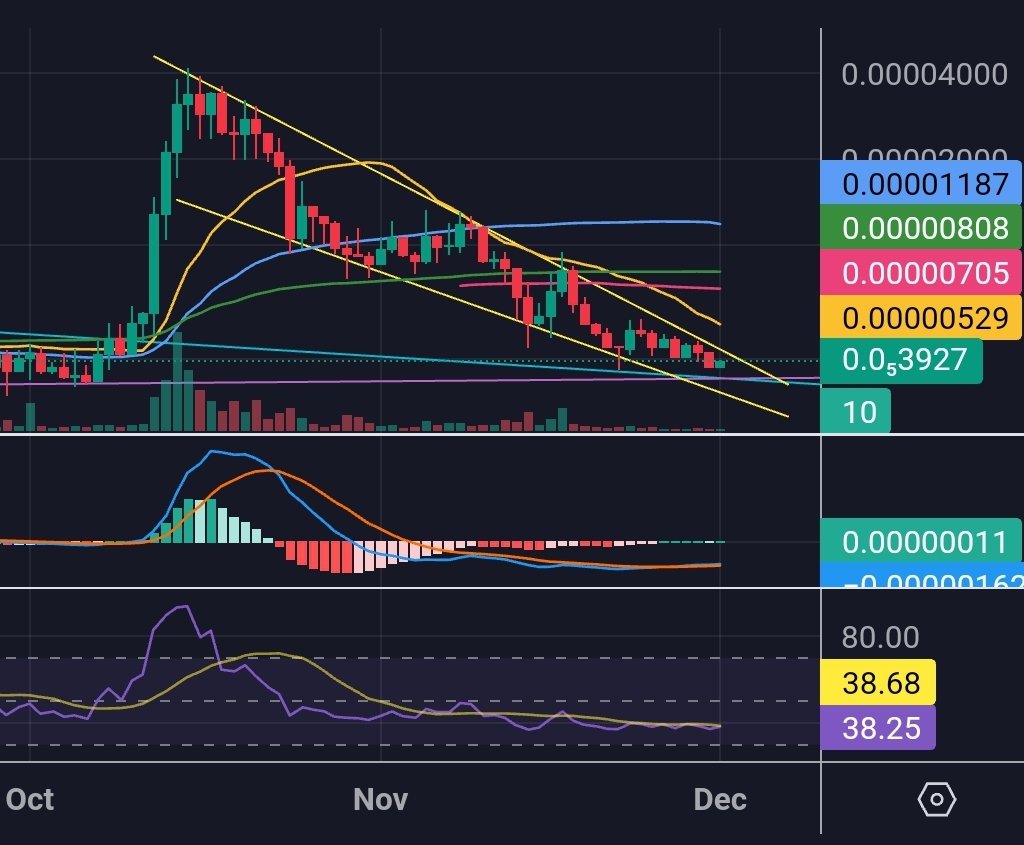 allnightmarket's tweet photo. $JOHN daily chart 👀 We have multiple bullish divergences, close to end of the falling wedge, MACD looking oversold, over 91% diamond hands, the Jult is strong 🤝 and the memes are funny AF. @johnthecoin super active here on X. Under $1 mil marketcap 🤑 #solana #memecoin #crypto https://t.co/Yfon4qGffp
