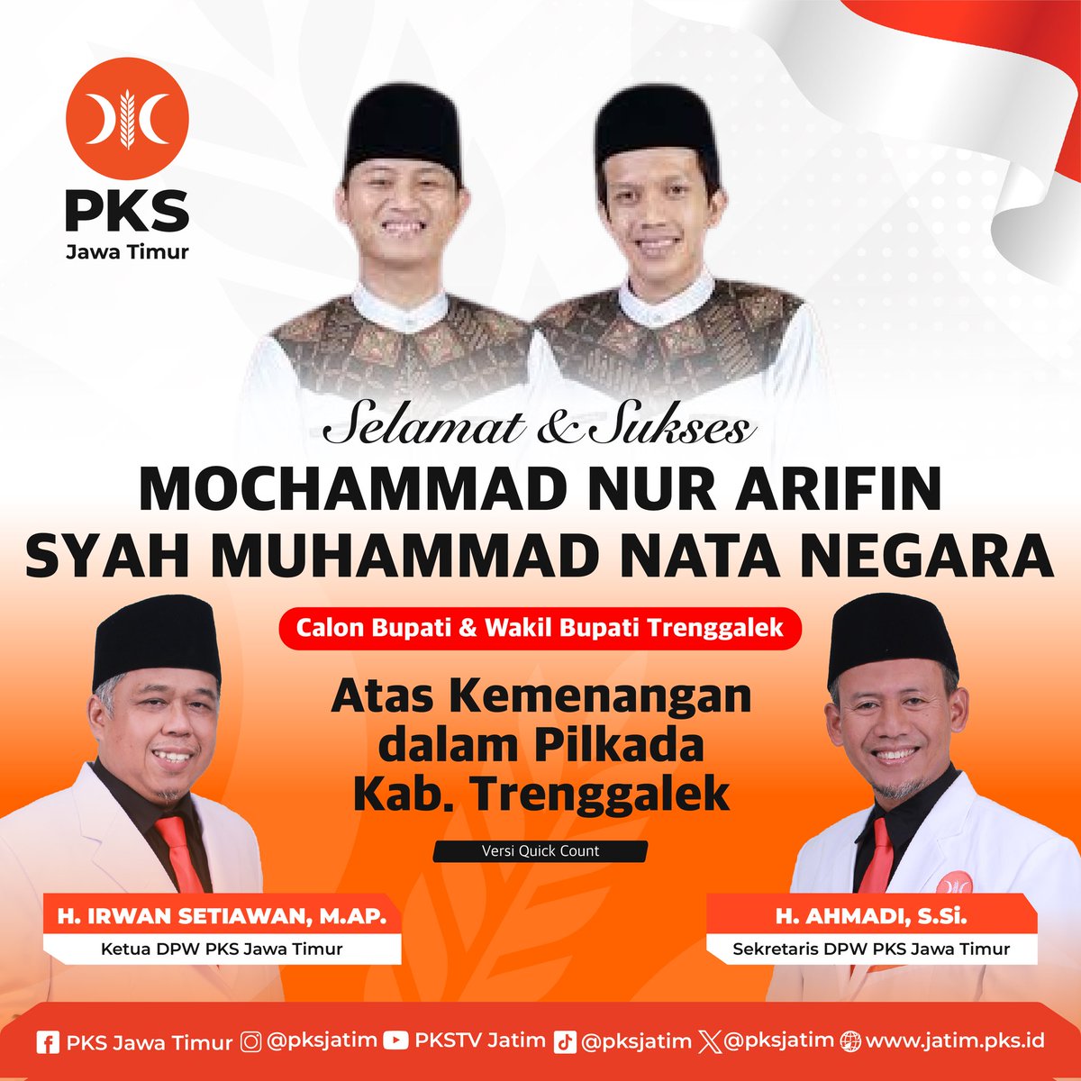 PKSJATIM's tweet image. Selamat &amp;amp; Sukses 
MOCHAMAD NUR ARIFIN
SYAH MUHAMMAD NATA NEGARA
Calon Bupati &amp;amp; Wakil Bupati Trenggalek

Atas Kemenangan dalam Pilkada Kab. Trenggalek

#pemenangpilkadatrenggalek #pkstrenggalek #pksjawatimur #partaikeadilansejahtera #pks